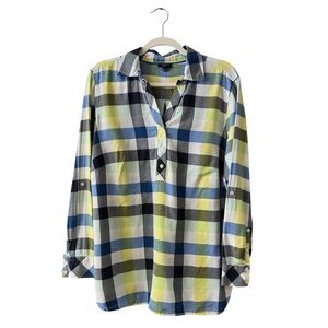 Talbots Woman Checkered Popover Blouse Top Plus Size 1X Blue Yellow Preppy Work